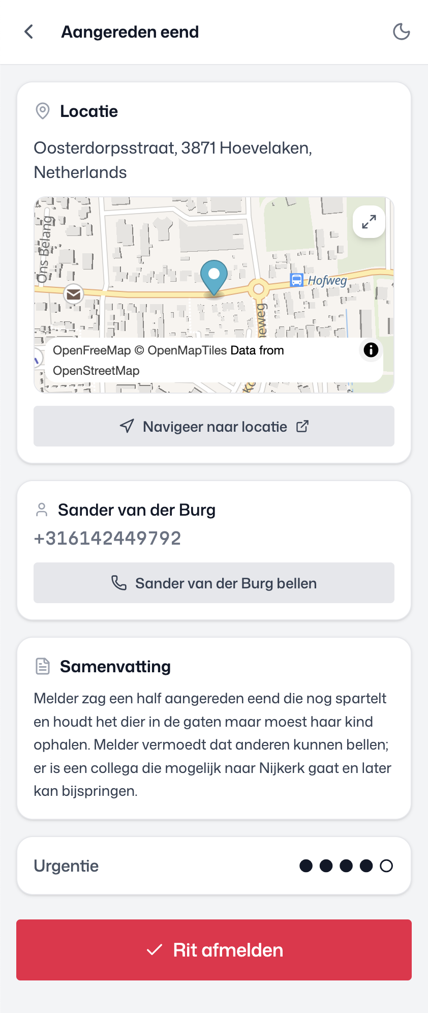 Ritdetail met locatie, samenvatting en navigatie