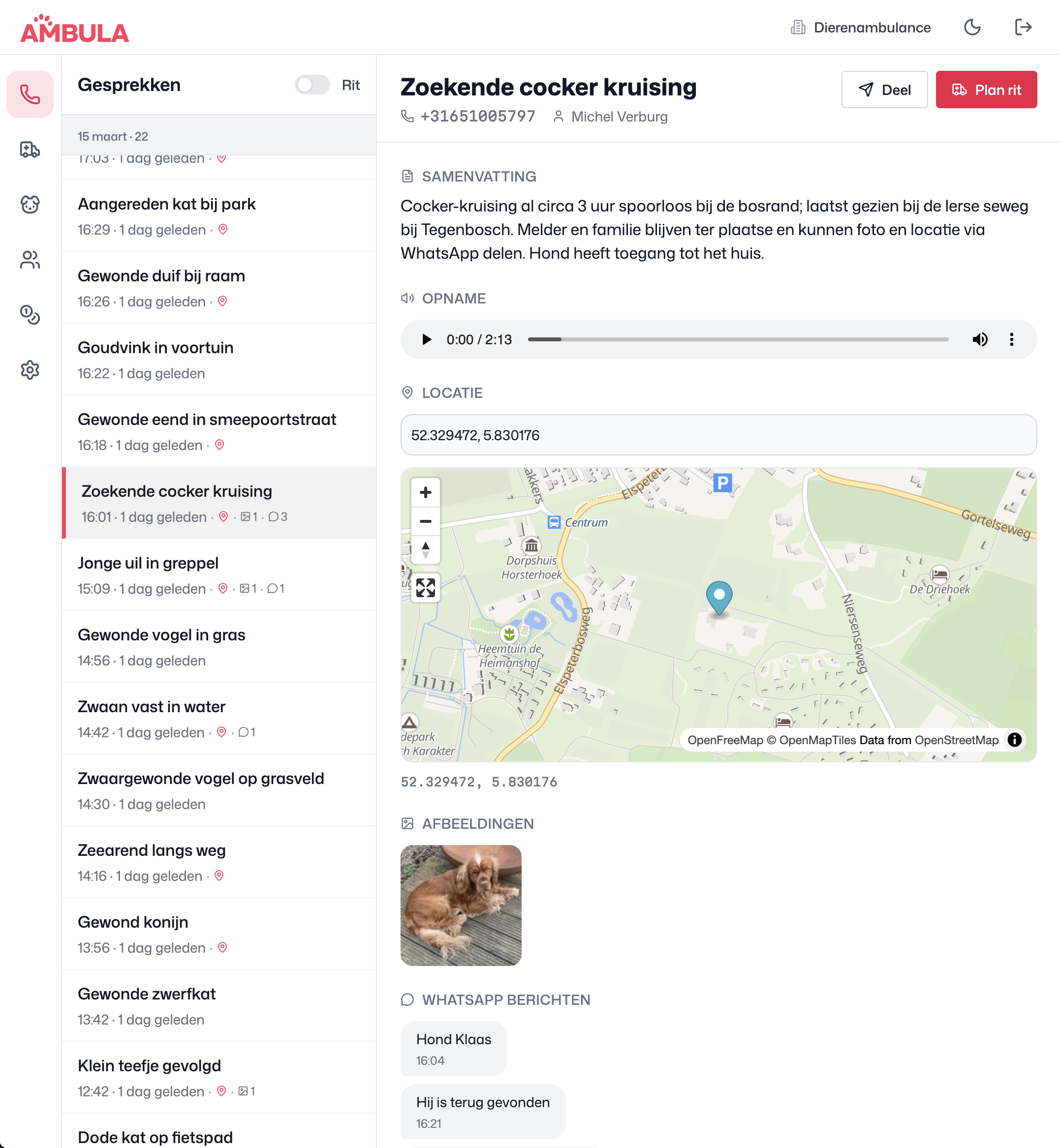 Ambula gesprekkenweergave met AI-samenvatting, kaart en WhatsApp-berichten