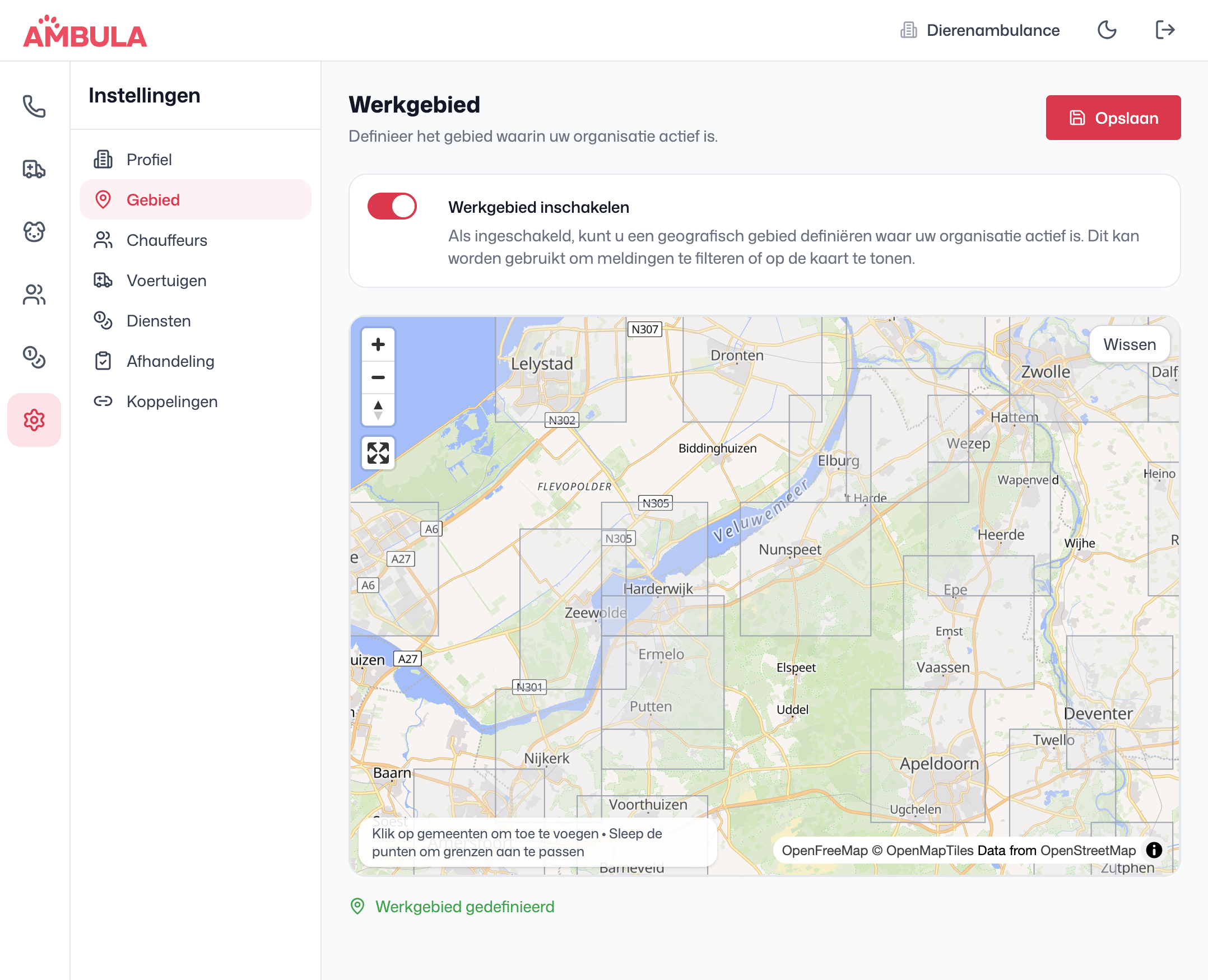 Ambula instellingen met werkgebied op de kaart