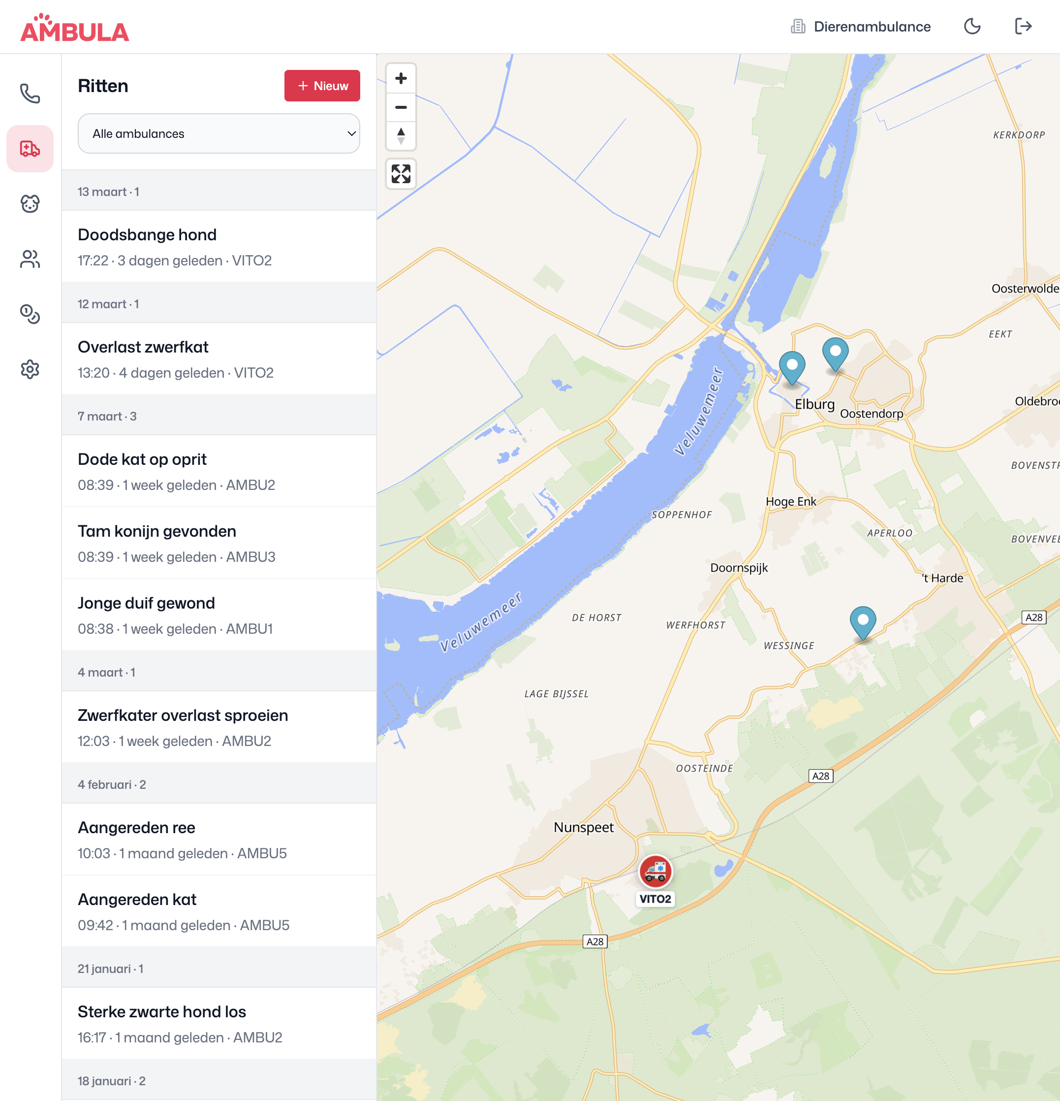 Ambula rittenweergave met live kaart en ambulanceposities